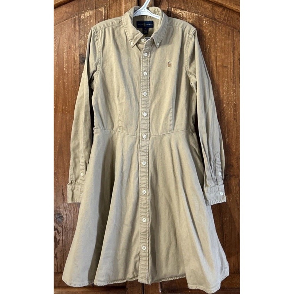 Girls Polo Ralph Lauren Chino Shirt Dress Tan No Belt Cotton Fit & Flare Sz 12